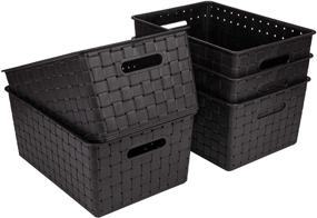 img 4 attached to 📦 Bekith 5 Pack Woven Plastic Storage Basket, Woven Basket Bin, 10&#34; Length x 7&#34; Width x 4.4&#34; Height, Black