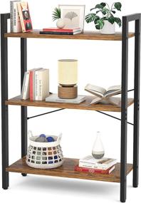 img 4 attached to Homieasy 3 Tier Bookshelf: Modern Industrial Sturdy Metal Wood Shelf Rack for Books, Collectibles, Plant - Rustic Brown