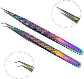 img 3 attached to 💎 Eyelash Extension Tweezers Set - Straight & Curved with Diamond Grip, Rainbow Color, 14cm, Volume Tweezers, Lash Extension Precision Tweezers (Multi)