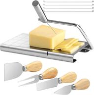 stainless steel adjustable block cheese slicer with wire, handle, extra sharp replacement string – ideal kitchen gift set with cutting board for parmesan, cheddar, mozzarella logo