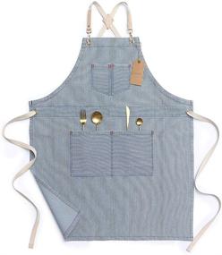 img 4 attached to 👕 Jeanerlor Blue Striped Denim Aprons: Unisex Cross Back Apron with Adjustable Neck for Barista, Chef, Barber, Painter, and Gardener – M to XXL Sizes, 4 Pockets Included!