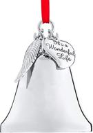 silver shiny christmas bell ornament with angel wing and heart charms - klikel it's a wonderful life bell ornament for christmas tree - includes gift box logo