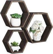 set of 3 wood hexagonal floating shelves - farmhouse honeycomb wall shelf with driftwood finish for office, living room, bathroom, kitchen, bedroom storage logo