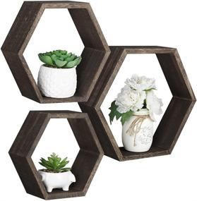 img 4 attached to Set of 3 Wood Hexagonal Floating Shelves - Farmhouse Honeycomb Wall Shelf with Driftwood Finish for Office, Living Room, Bathroom, Kitchen, Bedroom Storage