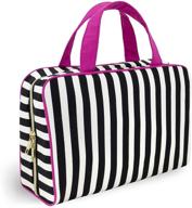 💼 large foldable black & white striped makeup bag for women and girls - transparent zippered pockets, handles - perfect for home & travel logo