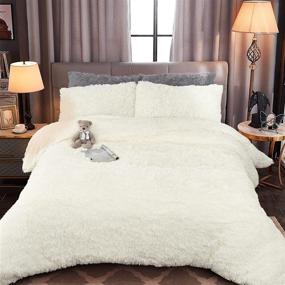 img 3 attached to 🛏️ Beglad Luxury Shaggy Duvet Cover Set: Soft, Fluffy Comforter Velvet Bedding Set - Cream White | 4 PCS - 2 Pillowcases, 1 Furry Duvet Cover, 1 Luxury Bedspread