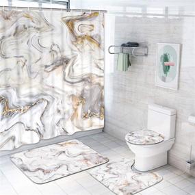 img 4 attached to 🚿 Waterproof Marble Texture 4-Piece Shower Curtain Set with Non-Slip Rugs, Toilet Lid Cover, Bath Mat, and 12 Hooks