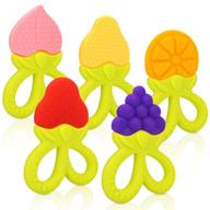 bpa free silicone fruit baby teether toy: gentle solution for infant sore gums, includes storage case - share & care (5 fruits) logo