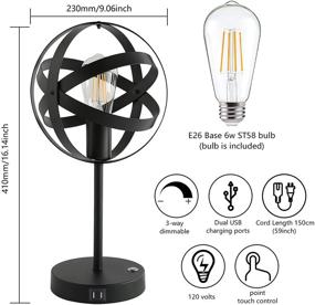 img 3 attached to Lodstob Industrial Globe Table Lamp: 3-Way Dimmable Steampunk Lamp with Touch Control, USB Charging Ports, and Edison Bulb for Bedroom, Office, Cafe