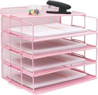 📚 4 tier stackable paper tray file organizer - lucycaz pink metal mesh desk document organizer for school office, baby pink logo