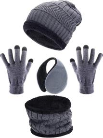 img 4 attached to 4-Piece Ski Warm Set: Winter Hat, Scarf, Warmer Gloves & Outdoor Earmuffs – Grey, for Adults & Kids