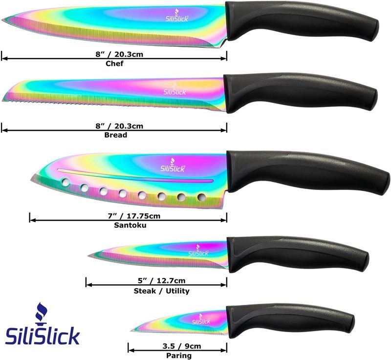SiliSlick - Rainbow Knife Kitchen Starter Set (5 Professional Grade Iridescent/Rainbow Blade Knives) | Includes Knife Sharpener & Magnetic Wall Hanger