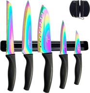 silislick - набор стартовых ножей iridescent rainbow blade для кухни (5 ножей профессионального уровня), включая ножеточку и магнитный держатель на стену, черная рукоятка с ножом. логотип