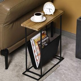 img 3 attached to 🔥 MyGift 21-Inch Modern Narrow Living Room End Table with Solid Burnt Wood Tabletop, Black Metal Frame, Bedroom Nightstand Side Table with Magazine Holder Sling