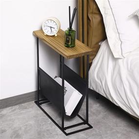 img 2 attached to 🔥 MyGift 21-Inch Modern Narrow Living Room End Table with Solid Burnt Wood Tabletop, Black Metal Frame, Bedroom Nightstand Side Table with Magazine Holder Sling