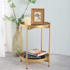 img 1 attached to 🪑 Gold Metal End Table with Removable Tray - 2-Tier Round Side Table, Small Waterproof Sofa Table, Folding Coffee Table for Indoor or Outdoor Use (15”Dx20”H)