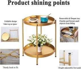 img 2 attached to 🪑 Gold Metal End Table with Removable Tray - 2-Tier Round Side Table, Small Waterproof Sofa Table, Folding Coffee Table for Indoor or Outdoor Use (15”Dx20”H)