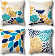 🌻 blue yellow farmhouse linen pillow covers 18x18 set of 4 - outdoor boho decorative throw pillow covers for couch, sofa, bed, living room - flower and bird pattern логотип