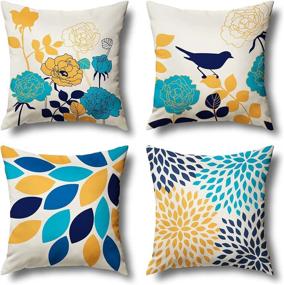 img 4 attached to 🌻 Blue Yellow Farmhouse Linen Pillow Covers 18x18 Set of 4 - Outdoor Boho Decorative Throw Pillow Covers for Couch, Sofa, Bed, Living Room - Flower and Bird Pattern