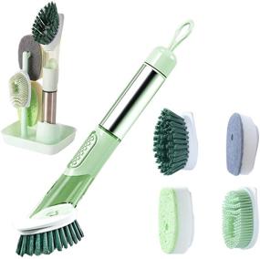 img 4 attached to 🧽 Enhanced Leakproof Hand-Held Dish Scrubber - Soap Dispenser Dish Wand Pot Brush Sink Brush Kitchen Cleaning Brush Kit, with 4 Versatile Replacement Brush Heads and 1 Tray