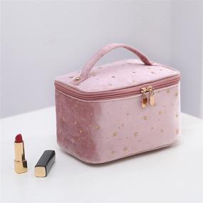 img 2 attached to 💄 Stylish HOYOFO Velvet Makeup Bag with Handle: A Pink Travel Cosmetic Bag with Brush Holder for Women