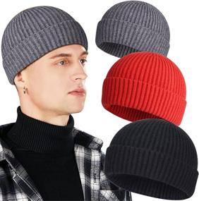 img 4 attached to 🧢 Stylish and Warm 3 Pack Men's Wool Fisherman Beanies: Short Knit Watch Cap Cuffed Trawler Hats at Your Service
