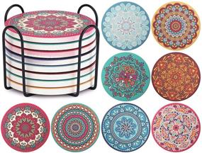 img 4 attached to 🌸 Set of 8 Absorbent Mandala Ceramic Coasters with Cork Base and Metal Holder - CHEFBEE Coasters Set Ideal for Wooden Table, Housewarming, Home Decor and Dining Room