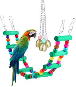 img 2 attached to 🐦 Bird Perches Cage Toys Set with Hanging Bell, Swing, and Chewing Toys - Wooden Ladder Hammock for Small & Medium Parrots, Cockatiels, Conures, Macaws, Finches (5-Piece)