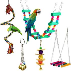 img 4 attached to 🐦 Bird Perches Cage Toys Set with Hanging Bell, Swing, and Chewing Toys - Wooden Ladder Hammock for Small & Medium Parrots, Cockatiels, Conures, Macaws, Finches (5-Piece)