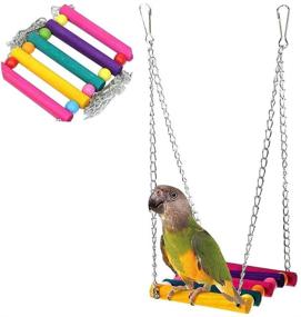 img 3 attached to 🐦 Bird Perches Cage Toys Set with Hanging Bell, Swing, and Chewing Toys - Wooden Ladder Hammock for Small & Medium Parrots, Cockatiels, Conures, Macaws, Finches (5-Piece)