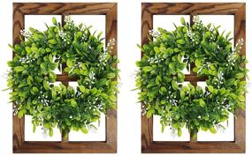 img 3 attached to 🏡 Set of 2 Rustic Farmhouse Window Frames with Green Wreaths - Wall Decor, 4 Pane Hanging Window Barnwood Frames - Perfect for Home Living Room Kitchen Hallway Bedroom Decoration (15" L×11" W×1.2" H)