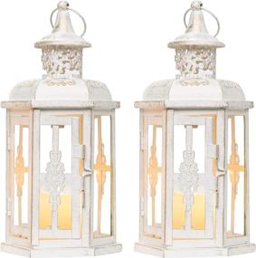 img 4 attached to 🏮 JHY DESIGN Set of 2 Decorative Lanterns - 10 inch High Vintage Style Hanging Lanterns | Metal Candleholders in White with Gold Brush