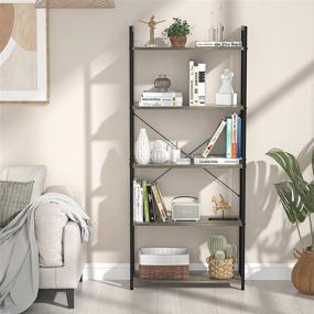 img 1 attached to 📚 Homieasy 5 Tier Bookshelf: Industrial Tall Living Room Storage Organizer - Modern Metal Wood Accent Shelves for Home Office Collectibles Organization in Black Oak