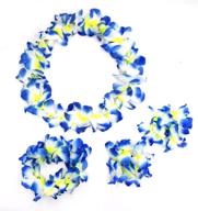 🌺 гавайская вечеринка луау - jsshi набор из крупных гавайских цветочных гирлянд (синий) - ожерелье, браслеты, ободок - 4 предмета. логотип