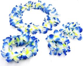 img 2 attached to 🌺 Гавайская вечеринка Луау - JSSHI Набор из крупных гавайских цветочных гирлянд (синий) - ожерелье, браслеты, ободок - 4 предмета.
