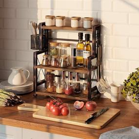 img 3 attached to 📦 Rustic Brown 3-Tier Spice Rack Organizer with Wire Basket, 16.9" Kitchen Shelf, Wooden Spice Organizer with 2 Hooks, Countertop Bathroom Storage Shelf, Seasoning Rack by Rolanstar