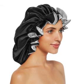 img 4 attached to 👩 Extra Large Satin Sleeping Cap for Women - Silk Bonnet with Double Layer Elastic for Curly & Natural Hair, Ideal for Women & Girls - Black