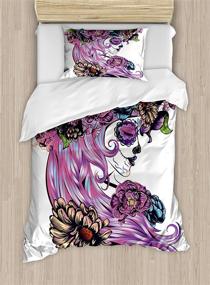 img 2 attached to 🌺 Stunning Ambesonne Gothic Duvet Cover Set: Day of Dead Sugar Skull Girl in Flower Wreath, Twin Size, Purple Pink, 2 Piece Bedding Set with 1 Pillow Sham