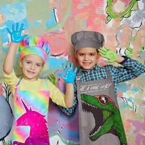 img 1 attached to 🦈 Fun and Functional: ICOSY Kids Dinosaur Shark Apron and Chef Hat Set with 2 Pockets for Boys Cooking Adventure