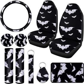 img 4 attached to 🚗 Vibrant 10-Piece Bat Car Accessories Set: Colorful Abstract Patterns for Car Seats, Steering Wheel, Seat Belts, Coasters, Armrest, Wrist Holder, and Keychain!