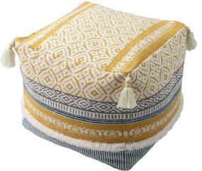 img 4 attached to 🌼 Handwoven Yellow Boho Tufted Pouf Cover with Tassels - Farmhouse Casual Ottoman Foot Rest/Cushion Cover ONLY for Bedroom Living Room Decor - 18"x18"x16
