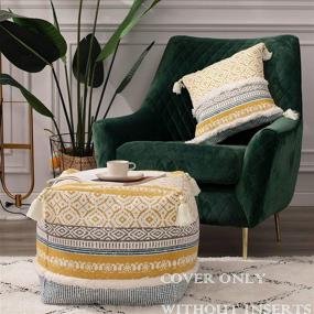 img 3 attached to 🌼 Handwoven Yellow Boho Tufted Pouf Cover with Tassels - Farmhouse Casual Ottoman Foot Rest/Cushion Cover ONLY for Bedroom Living Room Decor - 18"x18"x16