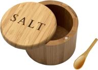 bamboo salt cellar with spoon and magnetic lid - salt container, shaker, and cumin/pepper bowl - engraved 'salt' design logo