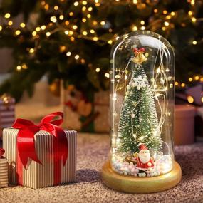 img 2 attached to 🎄 Tabletop Christmas Tree, Small Pre-lit Tree with LED Lights, Snowflake Bottle Brush Tree Santa in Glass Dome, Gold Wood Base Decorations, Ideal for Mom, Kids, and Family