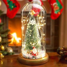 img 4 attached to 🎄 Tabletop Christmas Tree, Small Pre-lit Tree with LED Lights, Snowflake Bottle Brush Tree Santa in Glass Dome, Gold Wood Base Decorations, Ideal for Mom, Kids, and Family