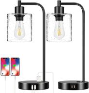 🔘 pair of industrial touch control table lamps with usb ports, ac outlet, and dimmable 3-way functionality. seeded glass shades for bedroom, office. includes 2 led bulbs. логотип