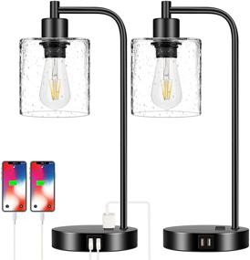 img 4 attached to 🔘 Pair of Industrial Touch Control Table Lamps with USB Ports, AC Outlet, and Dimmable 3-Way Functionality. Seeded Glass Shades for Bedroom, Office. Includes 2 LED Bulbs.