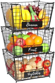 img 4 attached to 🍎 X-cosrack 3-Tier Foldable Wire Basket Stackable Fruit Vegetable Storage Basket with Name Plate - Kitchen Counter Pantry Cabinet Metal Mesh Bin Organizer, 14.1''L x 12.5''W x 23.6''H