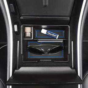 img 1 attached to 🚗 Custom Interior Anti Dust Center Console Organizer Tray with Liner Mats for Tesla Model 3 Accessories 2017-2019 - Premium 3-pc Set with Blue Trim - CupHolderHero