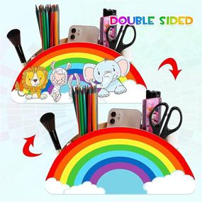 img 1 attached to 🌈 Rainbow Wooden Pen Holder Pencil Organizer - School Home Office Supplies Storage, Classroom Art Caddy Supply, Makeup Brush Holder Organization for Kids, Women, Adults